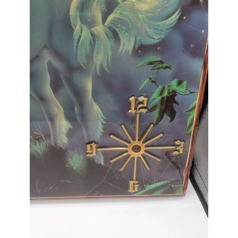 Vintage 1982 Sue Dawe Unicorn Fantasy Art Wood Plaque Glossy Glitter 80s Decor
